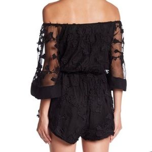 Revolve Black Lace Sleeve Off the Shoulder Romper